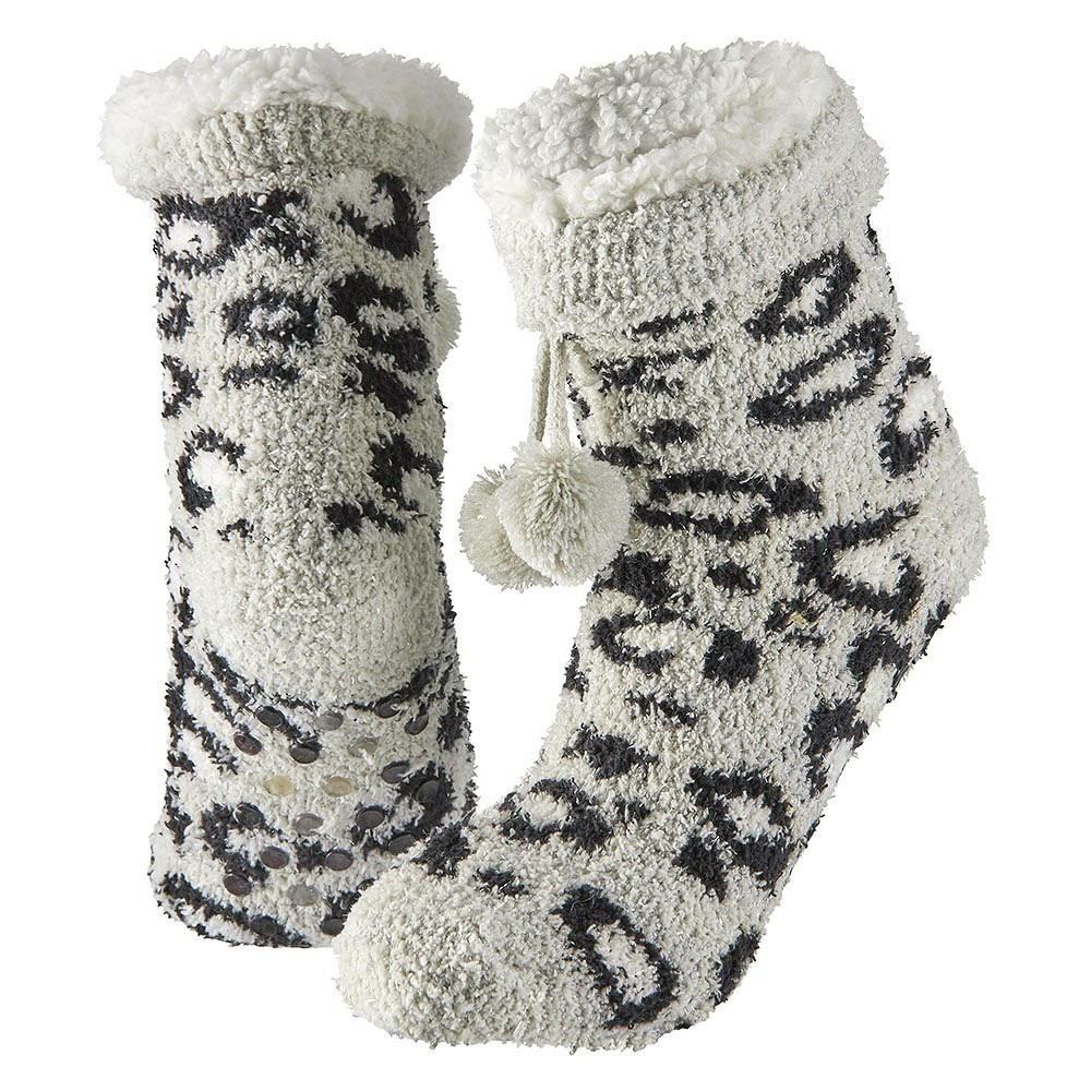 Huissokken/slofsokken luipaard print - zwart - dames - anti-slip - fleece - one size - 36/41