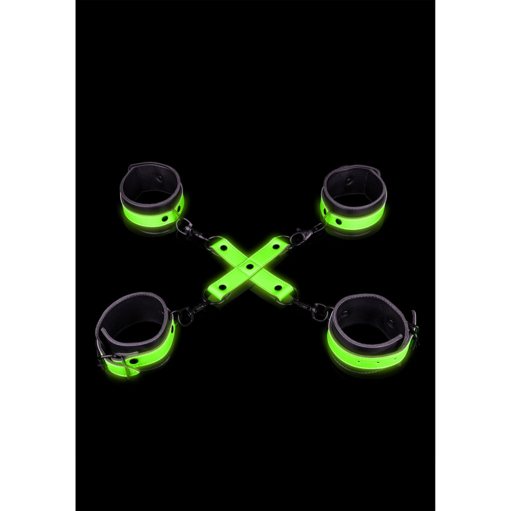 Ouch! by Shots Hand- en enkelboeien met hogtie - Glow in the Dark