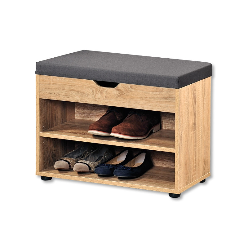 Houten schoenenkast met grijs zitkussen - 60 x 30 x 45 cm - Schoenen opbergers/opbergen -