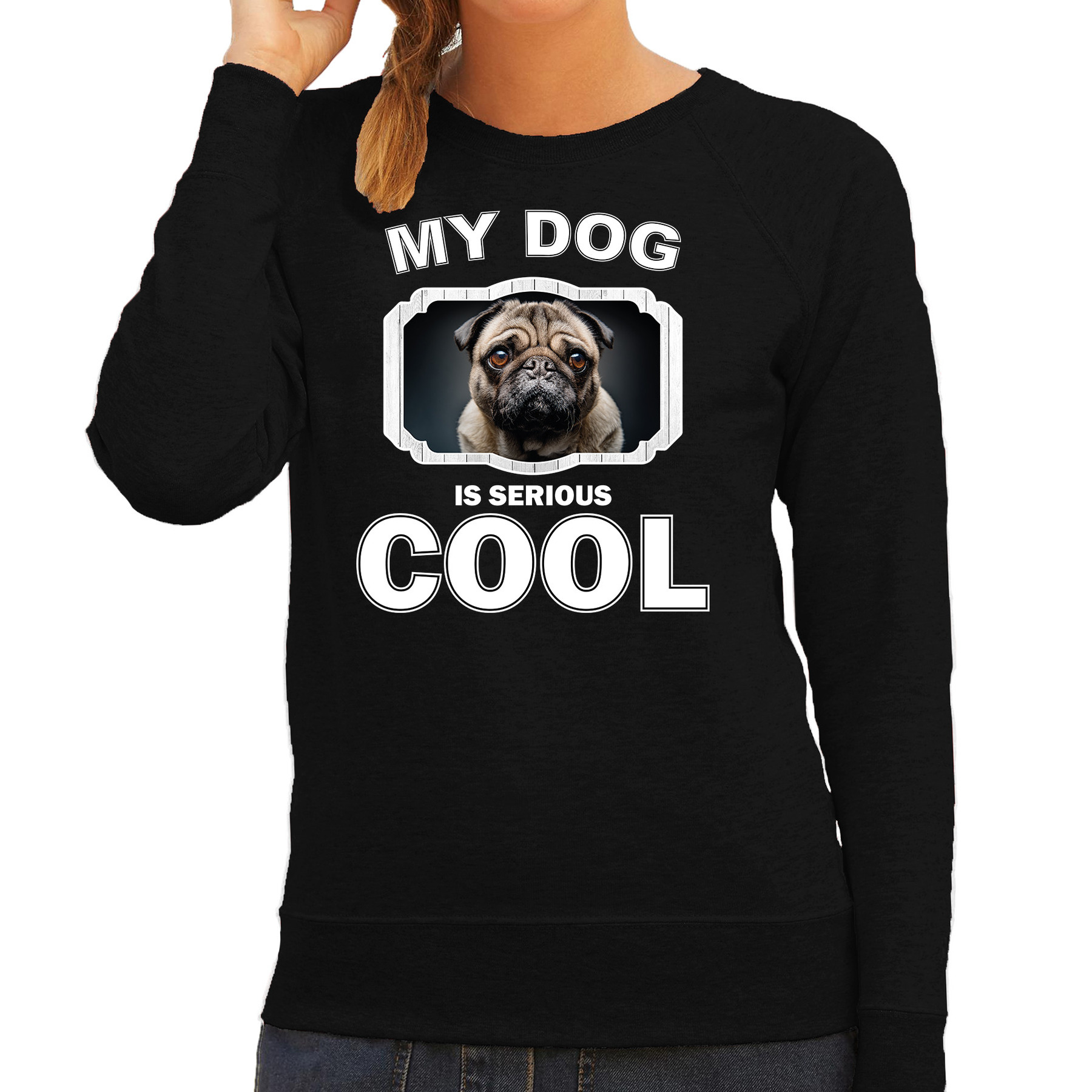 Mopshond honden sweater / trui my dog is serious cool zwart voor dames XL -