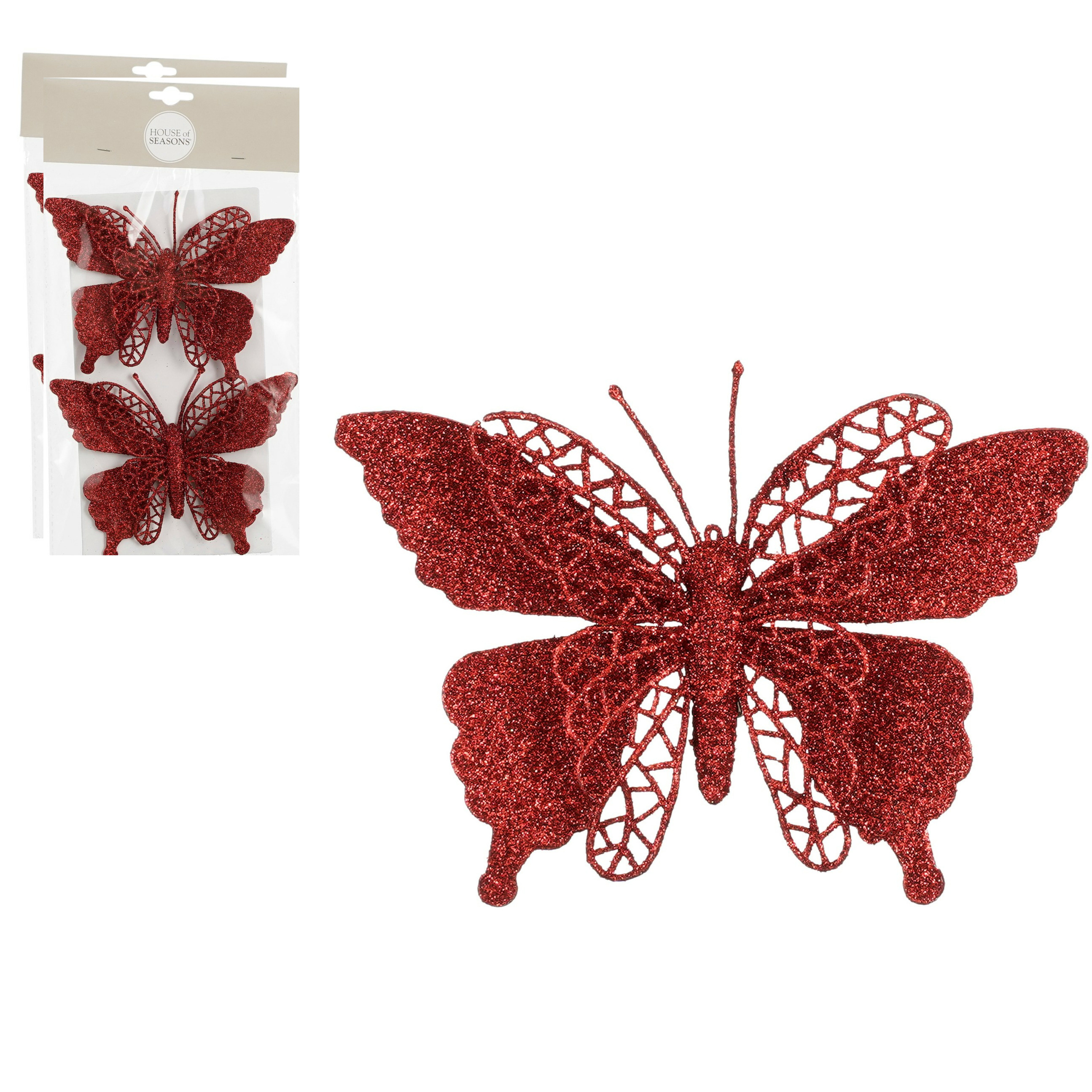 Kerstboomversiering Vlinder - 4x stuks - 16 cm - rood glitter - op clip -