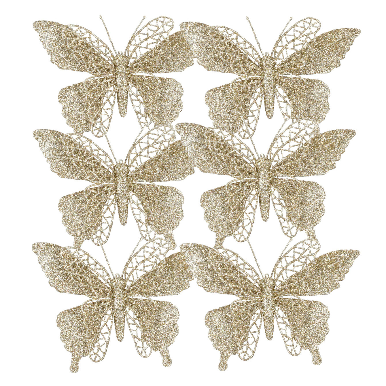 Kerstboomversiering Vlinder - 6x stuks - 16 cm - champagne glitter - op clip -
