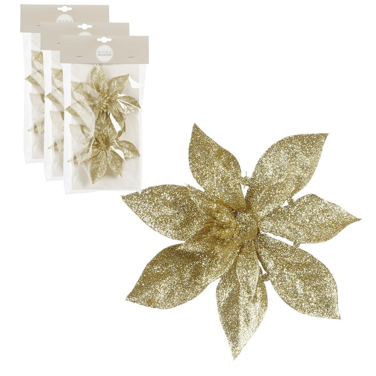 Kerstboom bloemen op clip - 6x stuks - goud - 15 cm - polystyreen - kerstornamenten -