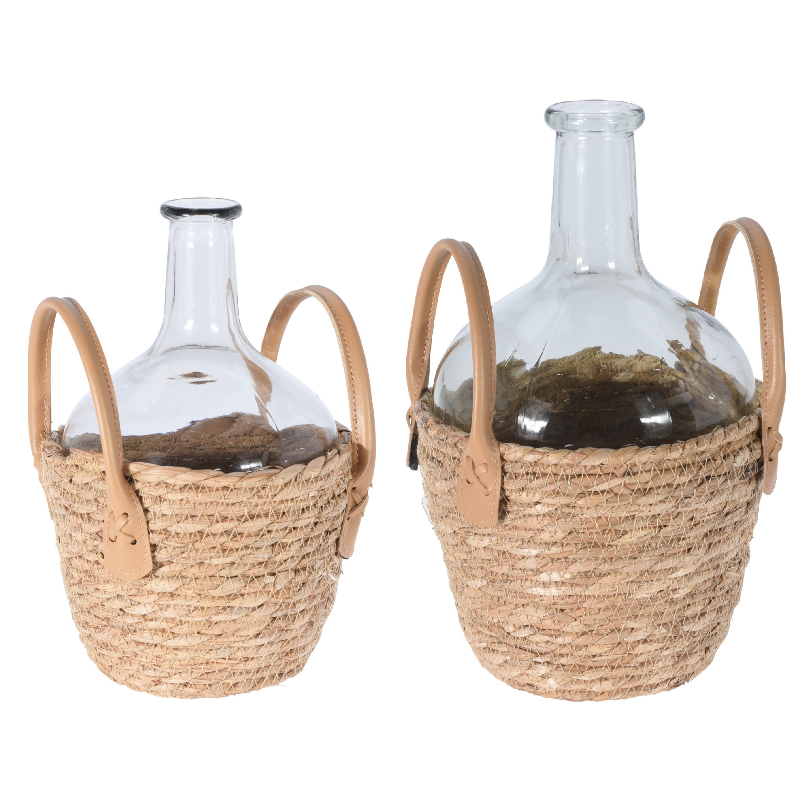 Set van 2x flesvazen glas transparant met gevlochten rieten mand 27 en 31 cm -