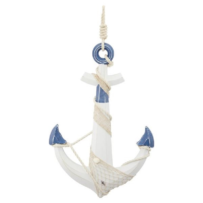 Groot anker beeld decoratie - wit/blauw - 59 x 39 cm - met touw - maritieme hangdecoratie