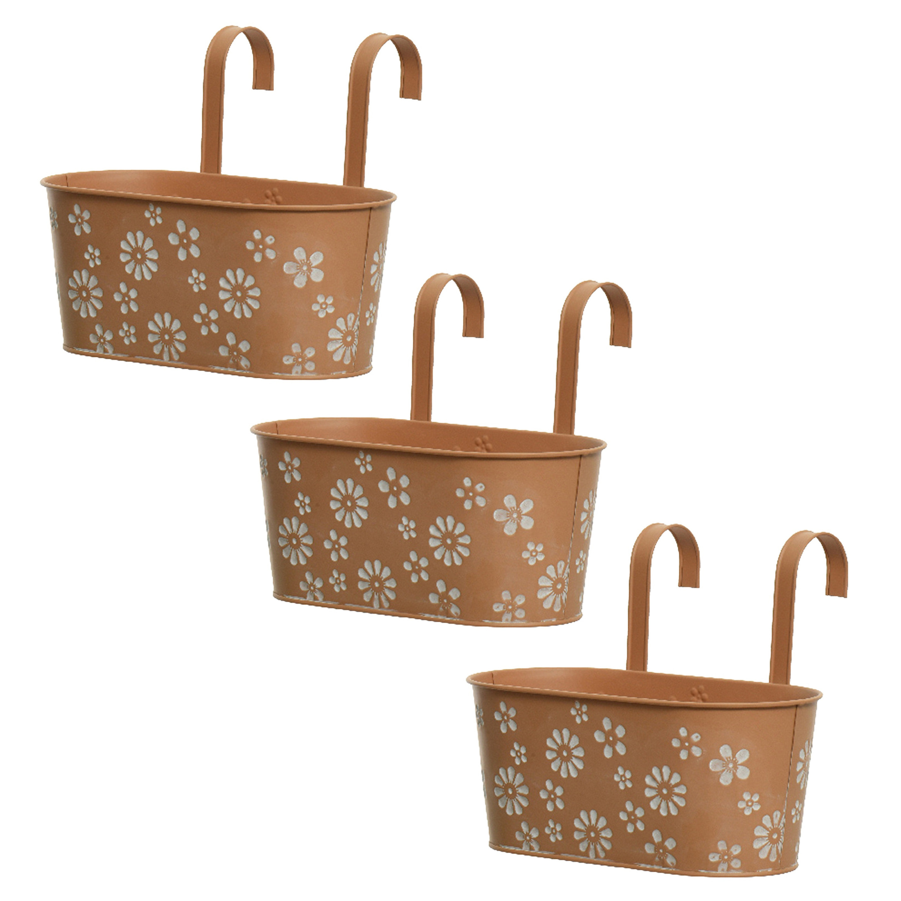 3x stuks bloembakken ophangbaar - zink - 32 x 16 cm - terra bruin -