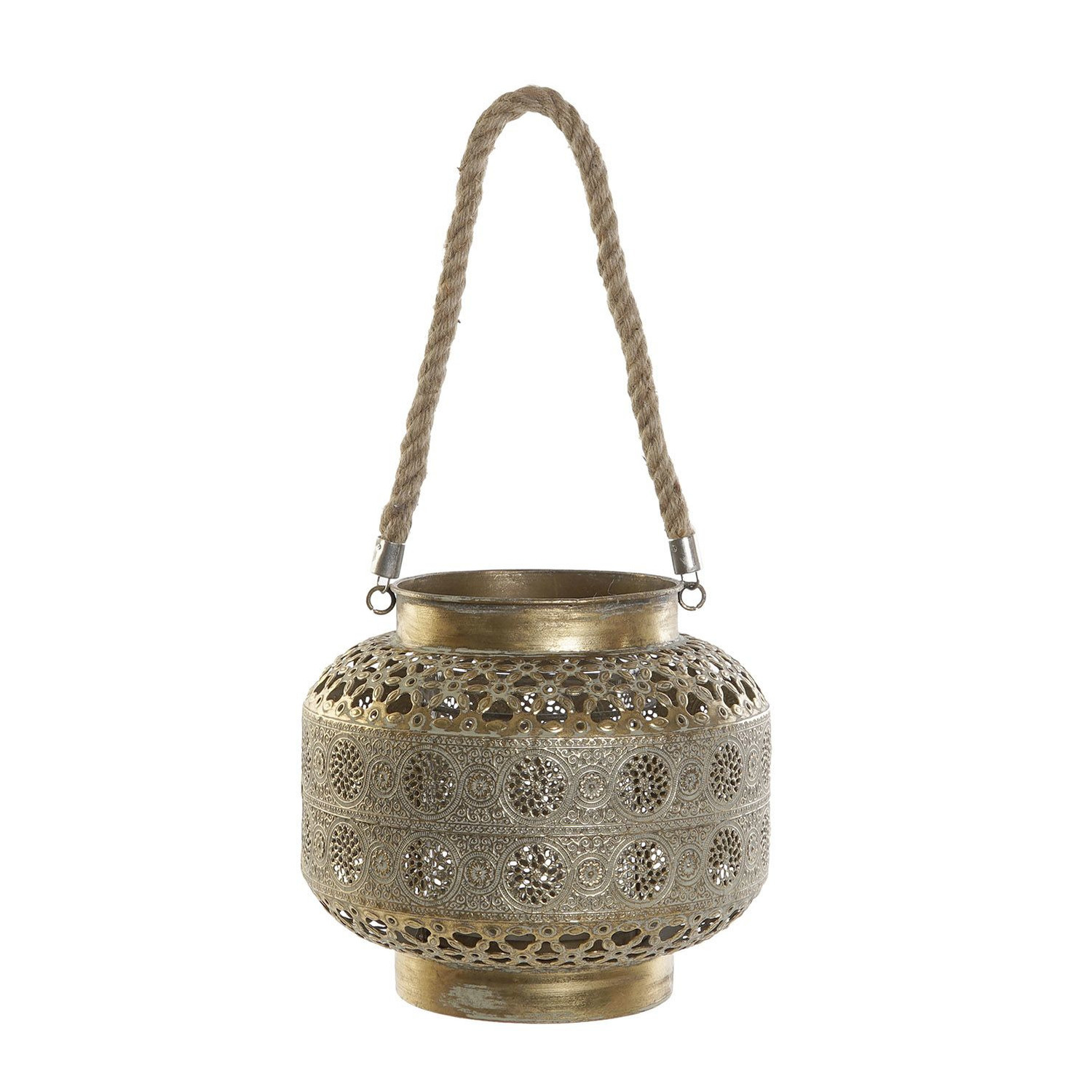 Items Windlicht - goudkleurig - metaal - met touw - 26 x 22 cm