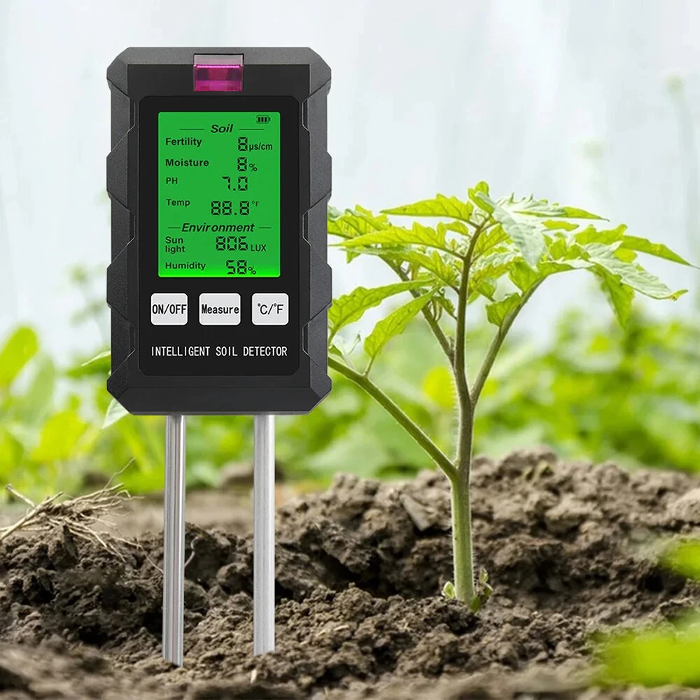 6 in 1 Digitale Bodentestmeter PH Meter Voedselvoorraden Bodemvocht Zonlicht Omgevingsvochtigheid Temperatuurmonitor Det