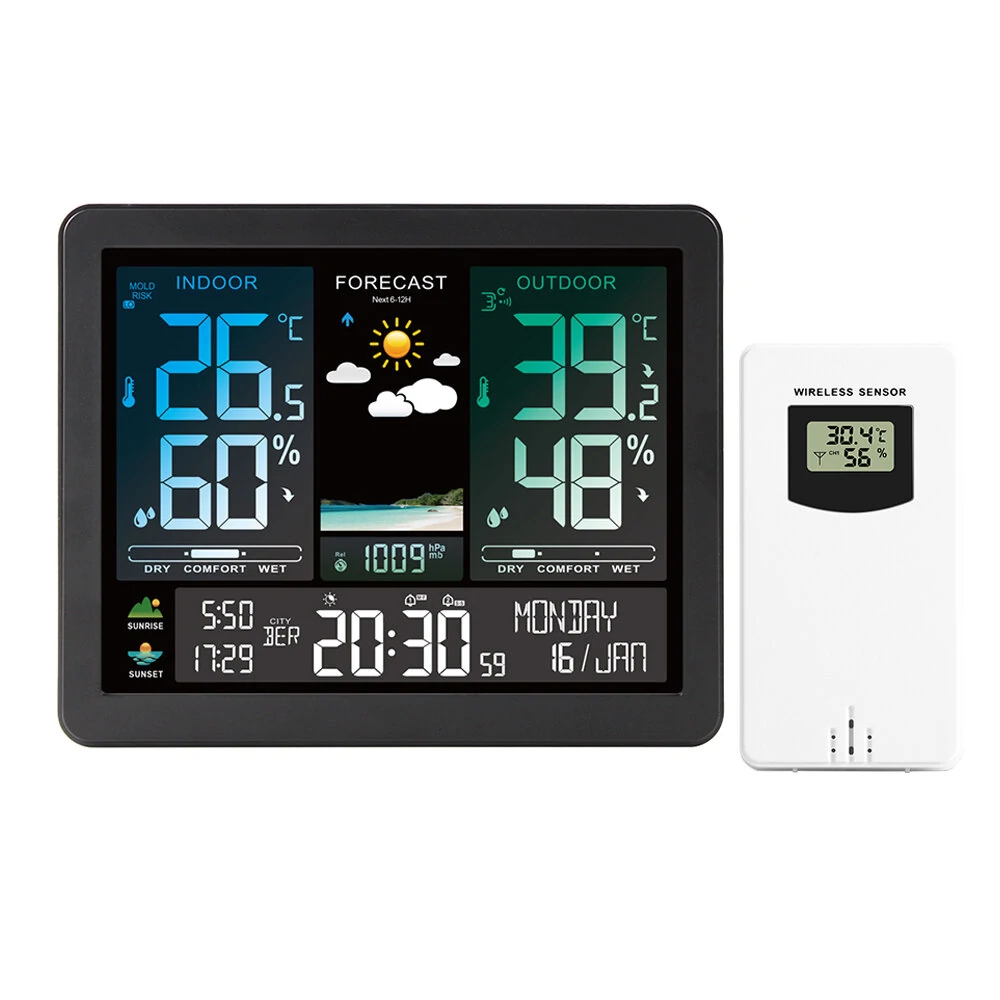 AGSIVO Weerstation Alarmklok Draadloze Indoor Outdoor Thermometer met Atomaire Klokvoorspelling Station met Kalender en