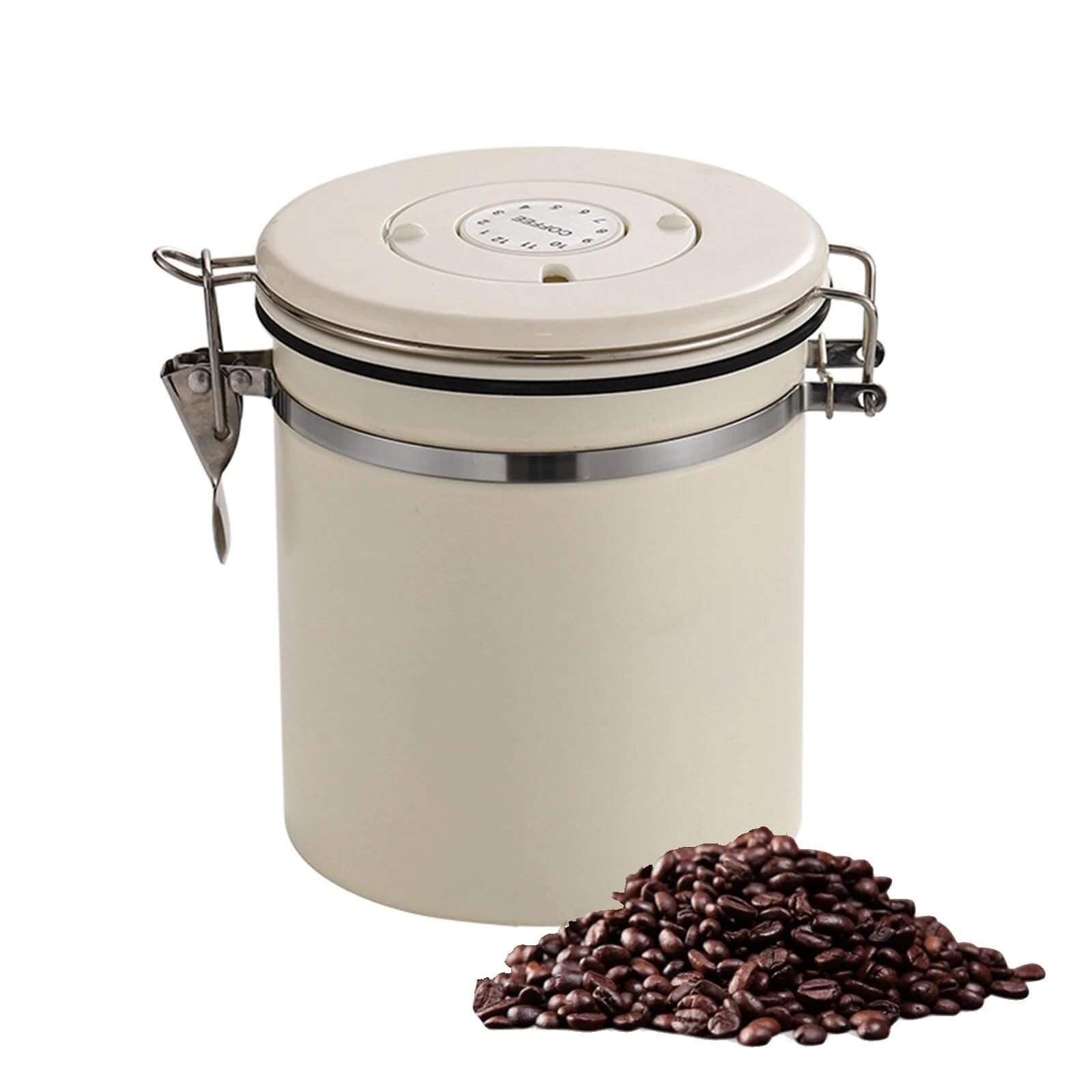 1,8L RVS Koffiebonencontainer met Datumaanduiding en Lepel Gesealde Koffiecontainer Voedselopslagcontainer voor Droge Go
