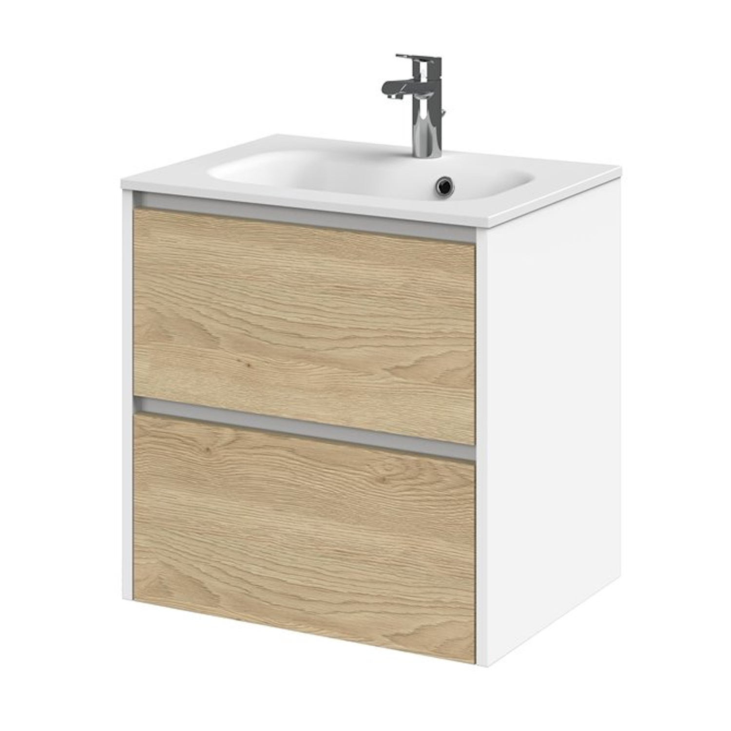 Tiger Meubelset Reverse 60 cm Met 2 Lades Natural Eik - Mat Wit incl Oval Wastafel Mat Wit