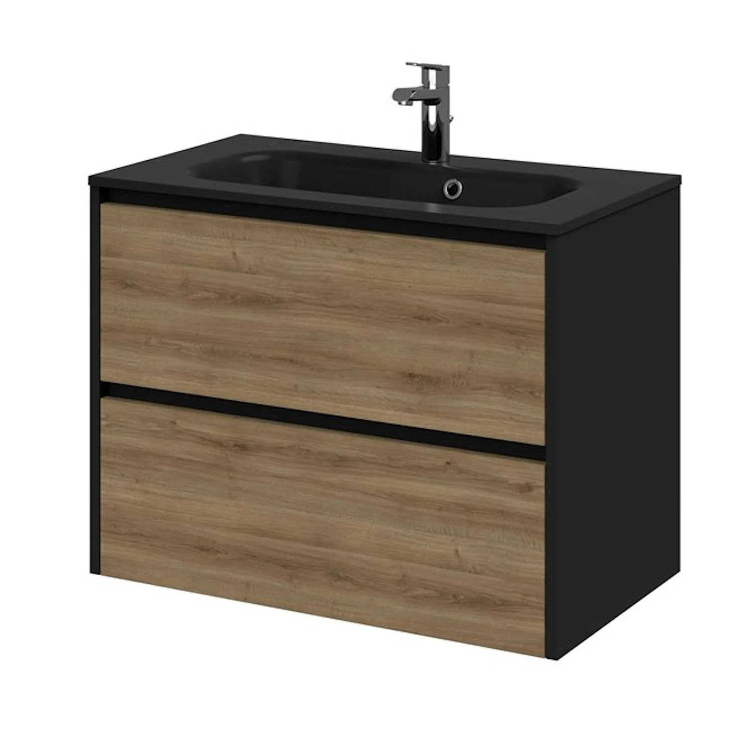 Tiger Meubelset Reverse 80 cm Met 2 Lades Chalet Eik - Mat Zwart incl Oval Wastafel Mat Zwart