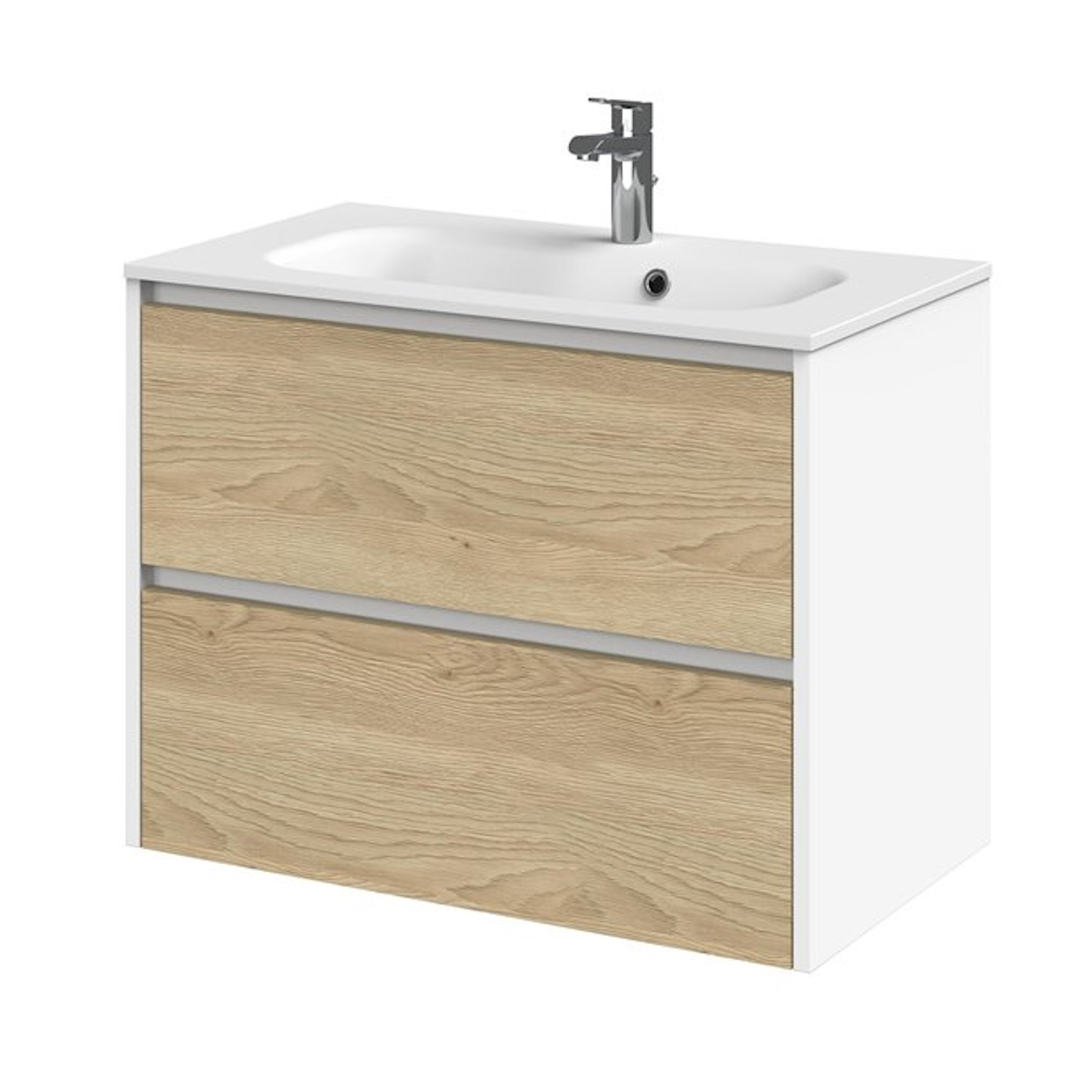 Tiger Meubelset Reverse 80 cm Met 2 Lades Natural Eik - Mat Wit incl Oval Wastafel Mat Wit