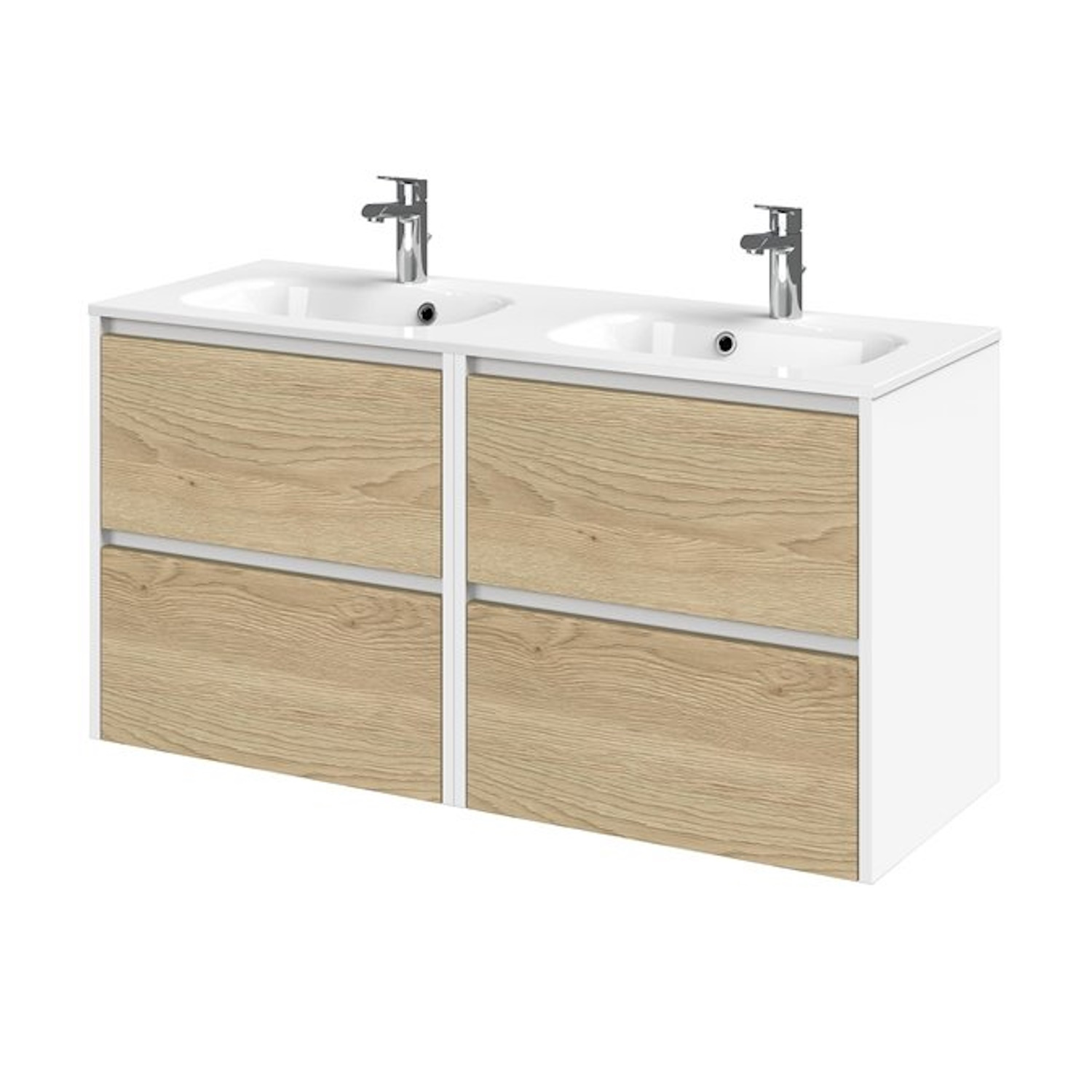 Tiger Meubelset Reverse 120 cm Met 4 Lades Natural Eik - Mat Wit incl Oval Wastafel Hoogglans Wit