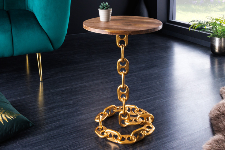 Design bijzettafel CHAINS 40cm goud mangohout handgemaakt metalen rond kettingframe - 42233