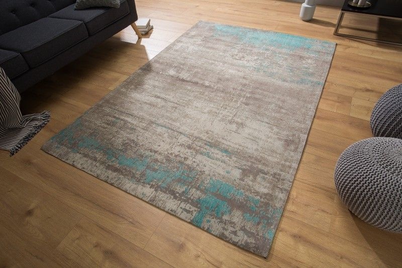 Vintage katoenen tapijt MODERN ART 240x160cm grijs turquoise gewassen used look - 38762