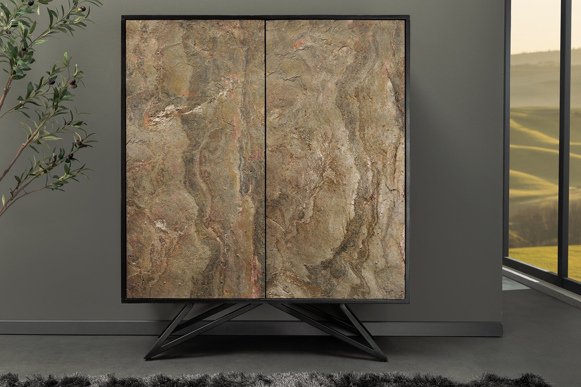 Massief houten highboard MOUNTAIN SOUL 120cm grijsgroen gemarmerd steenfineer acacia - 44340