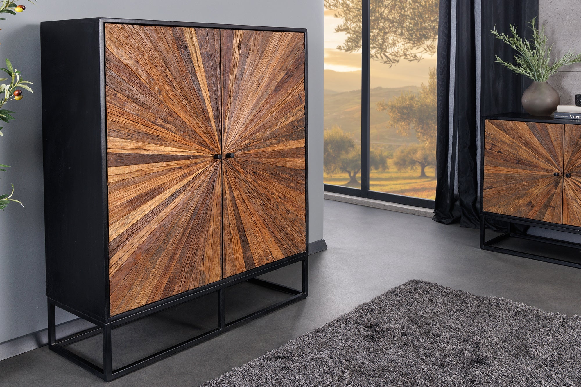 Massief highboard BARRACUDA 120cm bruin mangohout met teakhouten front zwart metaal - 44989