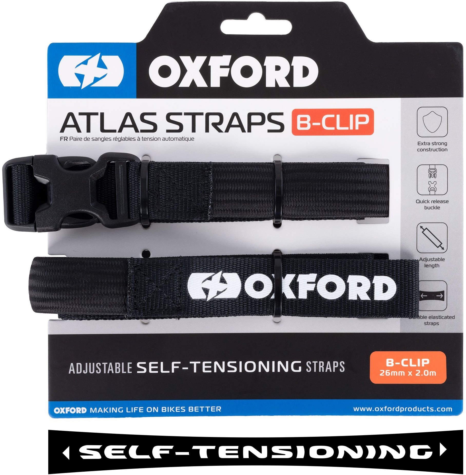 OXFORD Atlas B-Clip Straps, Bagageriemen voor de moto, 26mm x 2m Zwart (per paar)