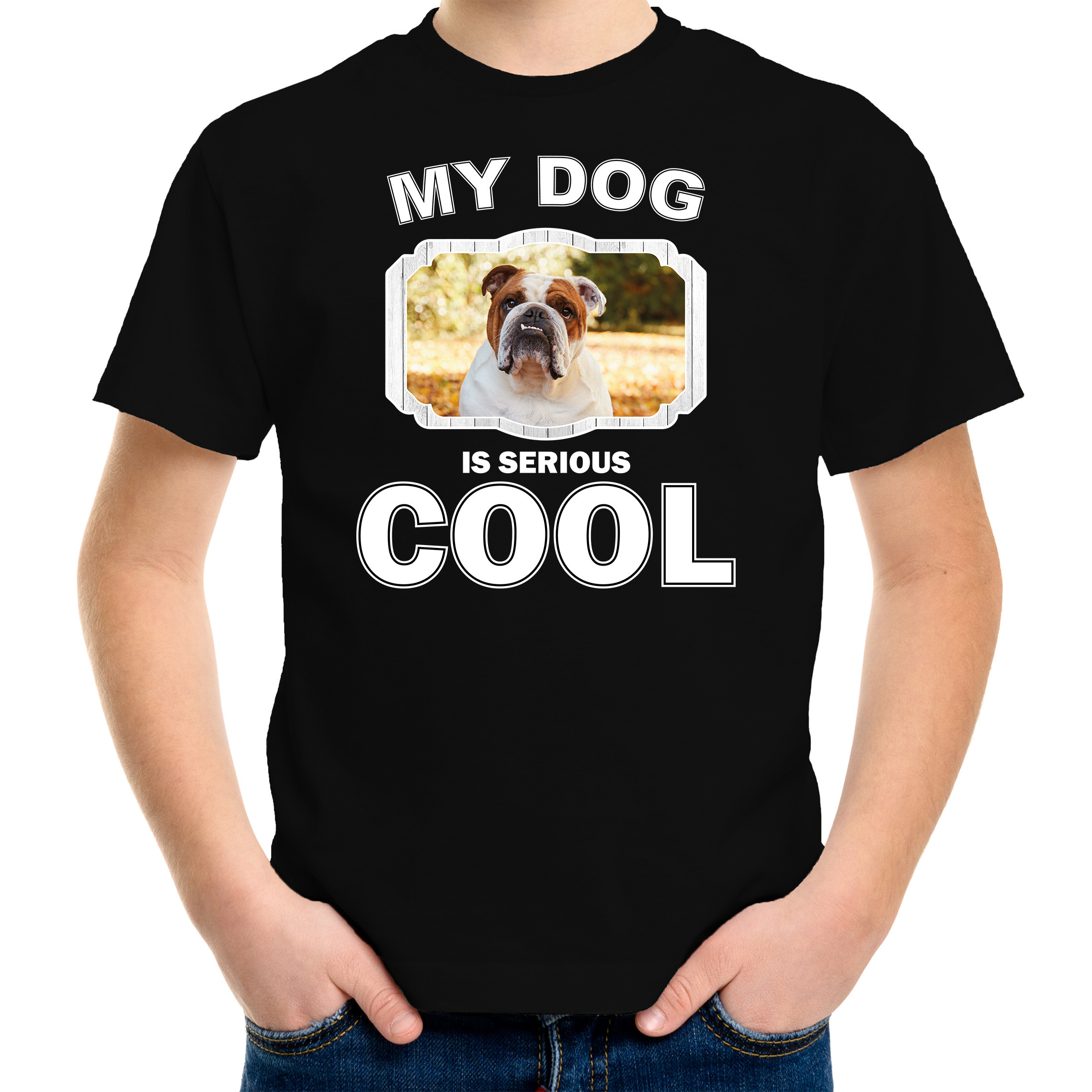 Honden liefhebber shirt Britse bulldog my dog is serious cool zwart voor kinderen XS (110-116) -