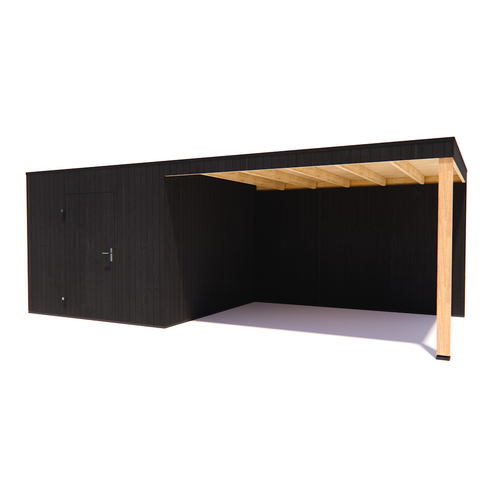 tuinhuis Kubix Vuren ZWART 300 x 300 + 400 cm overkapping