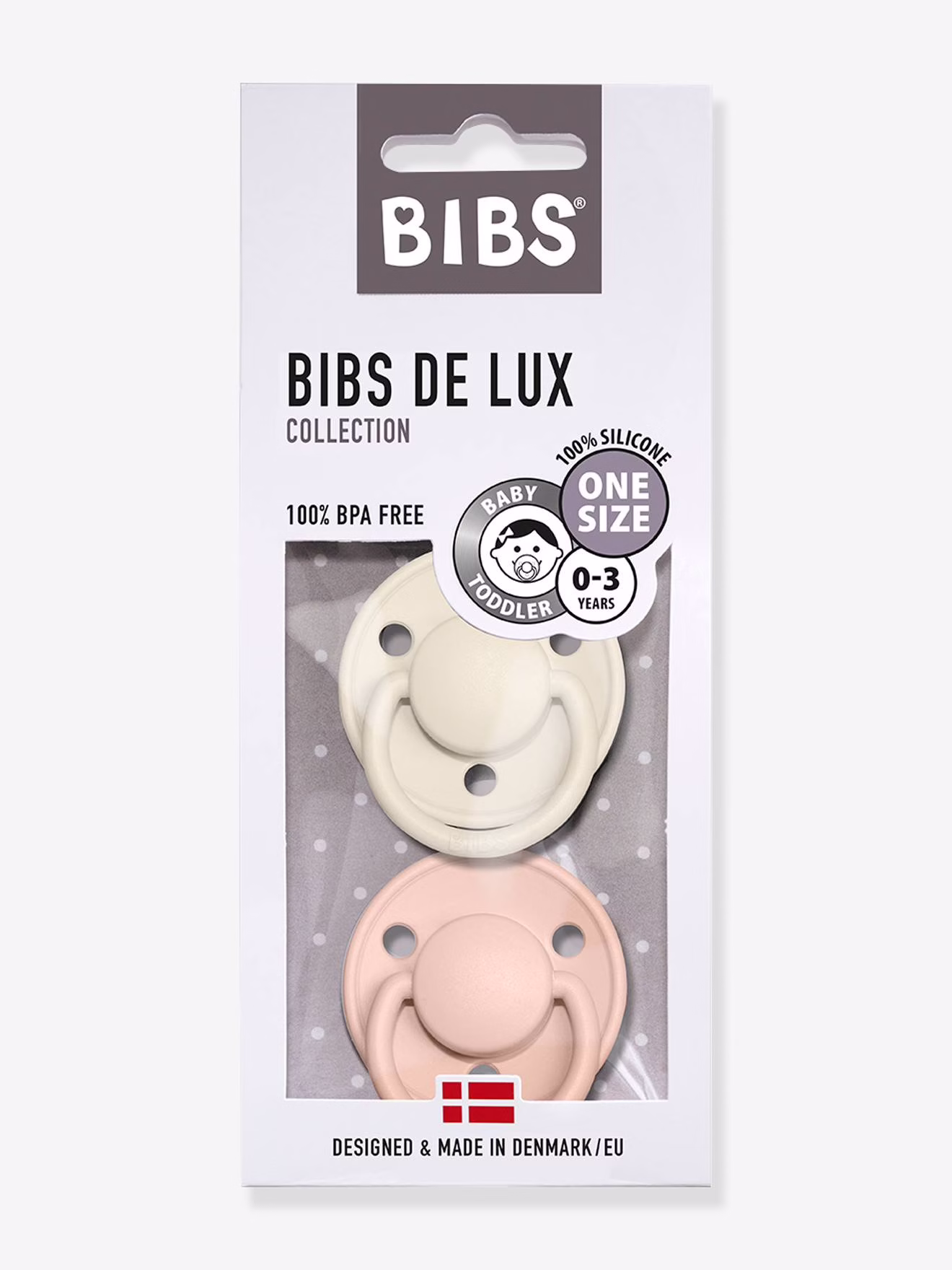 Set van 2 BIBS De Lux siliconen spenen ivoor + poeder roze