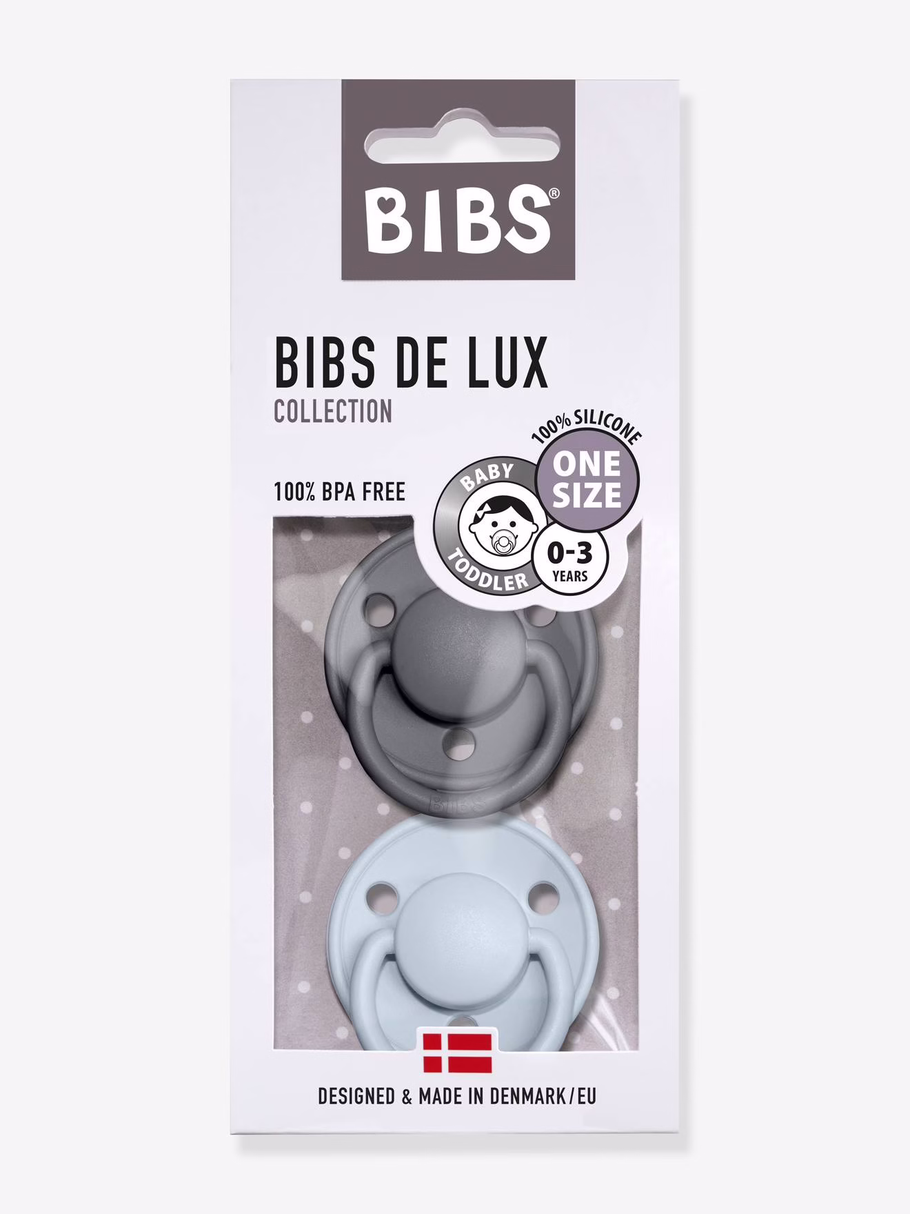 Set van 2 BIBS De Lux siliconen spenen ijzergrijs + babyblauw
