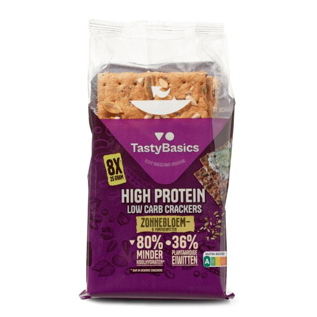 TastyBasics Less carb-high protein crackers zonnebl/pompoenpit 200 Gram