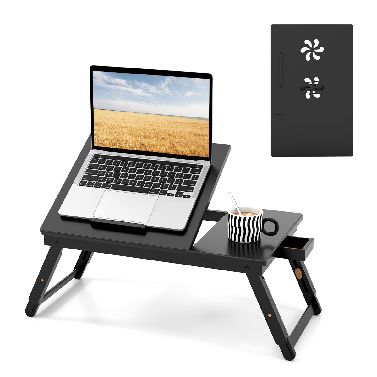 Bamboe Laptoptafel Inklapbaar Notebooktafel Kantelbaar Lapdesk met Lade Opvouwbare Bedtafel voor Het Lezen van Ontbijt