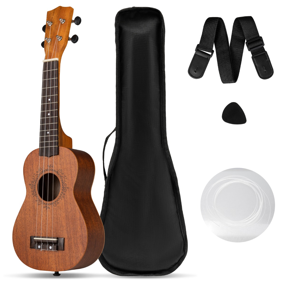 21 Inch Ukelele Mahoniehouten Ukeleleset met Draagtas Plectrum Verstelbare Riem en Extra Nylon Snaren