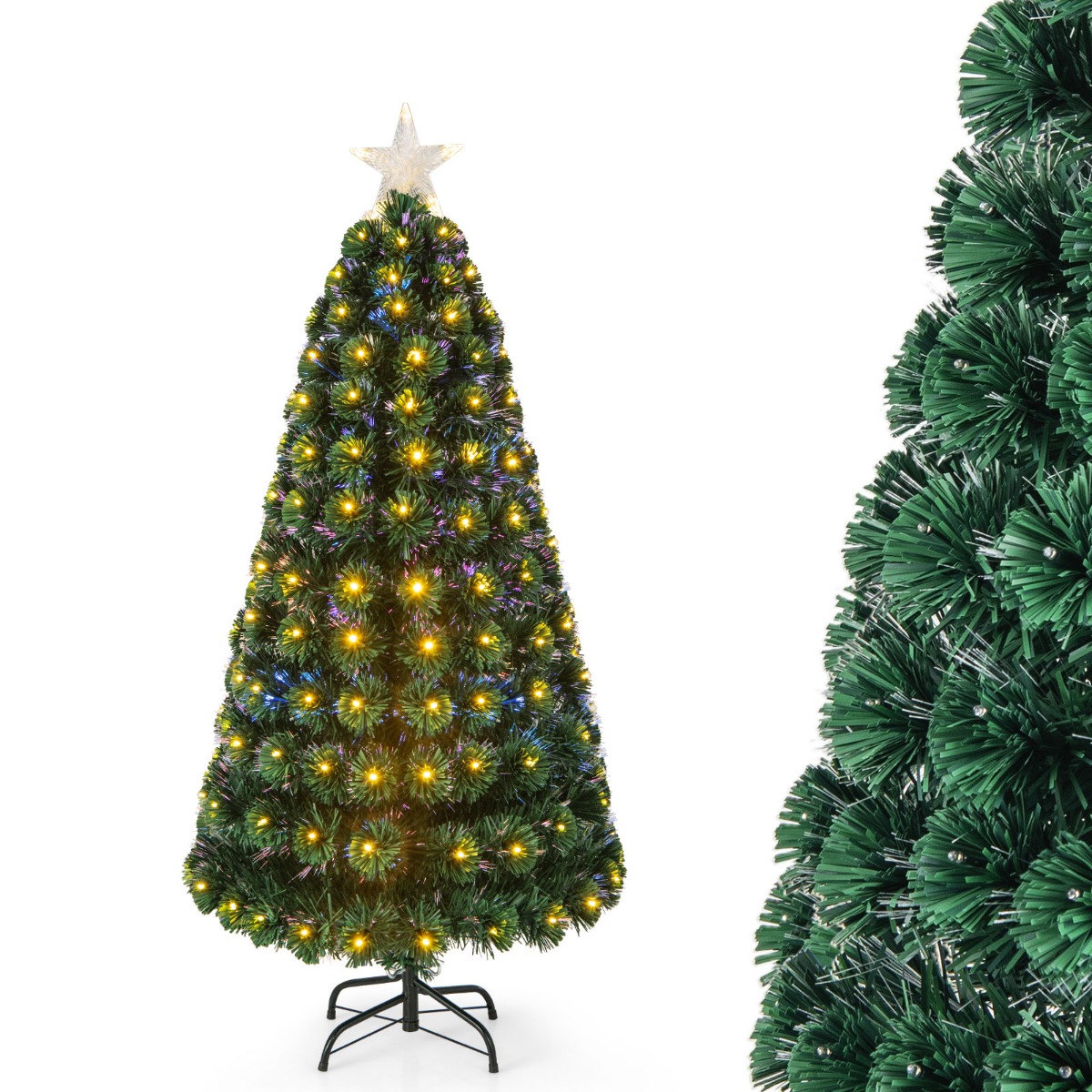 150 CM Kerstboom Kunstmatige Kerstboom met 170 PVC Takuiteinden 170 Warm Witte LED-Lampjes Verlichte Ster Lichtvezels & 8 Verlichtingsstanden