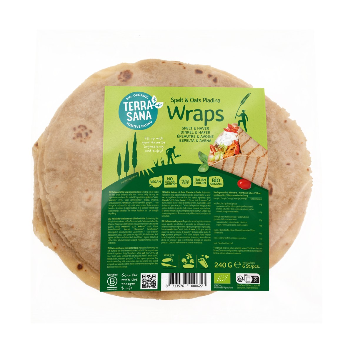 Terrasana piadina wrap spelt/haver 6 stuks