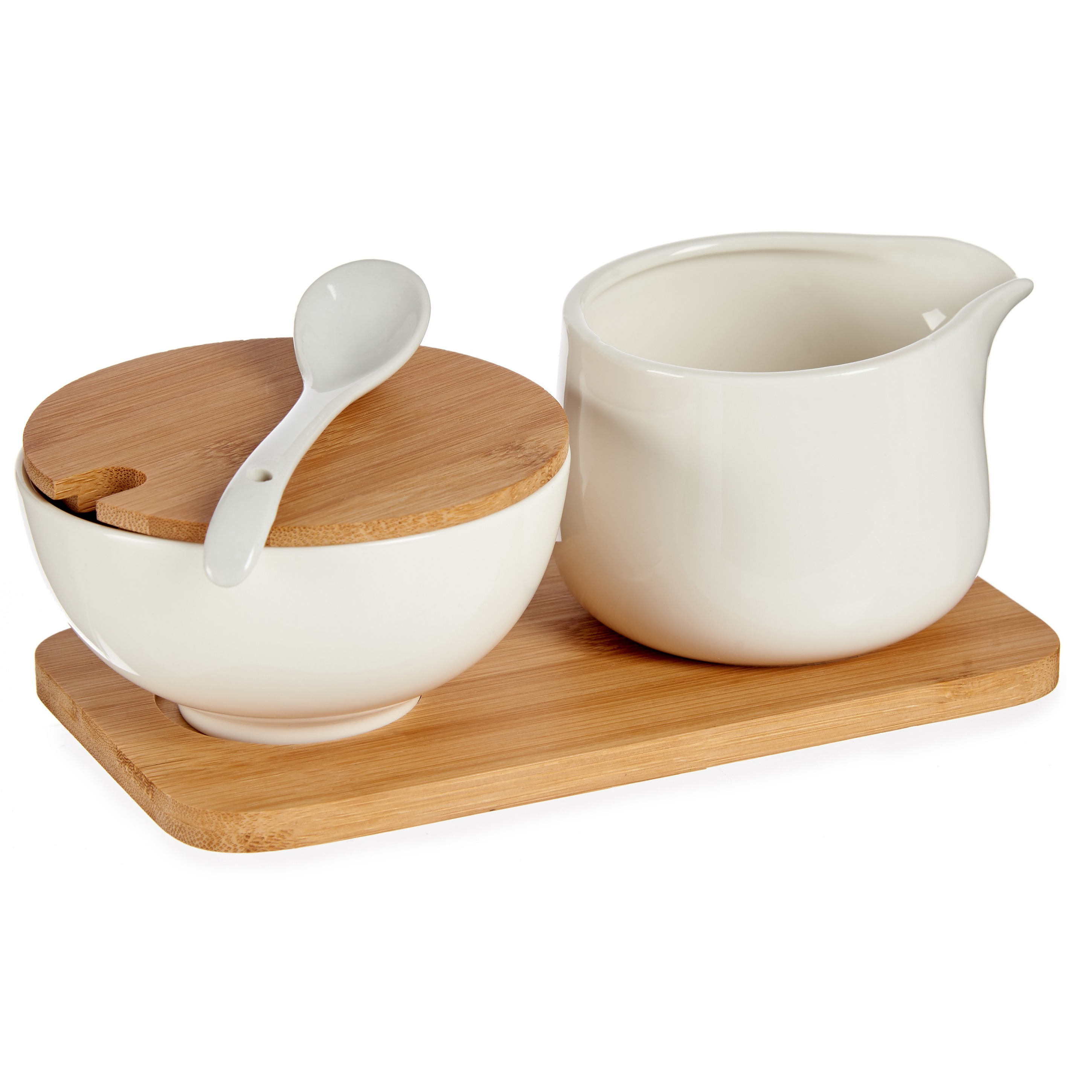 Vessia Suiker en melk serveren setje - keramiek/bamboe - 19 cm