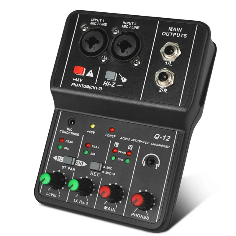 XTUGA Q-12 Professionele Geluidskaart USB Audio-interface Mixer Geluidskaart 16bit 48kHz 48V Phantom-voeding voor Opname