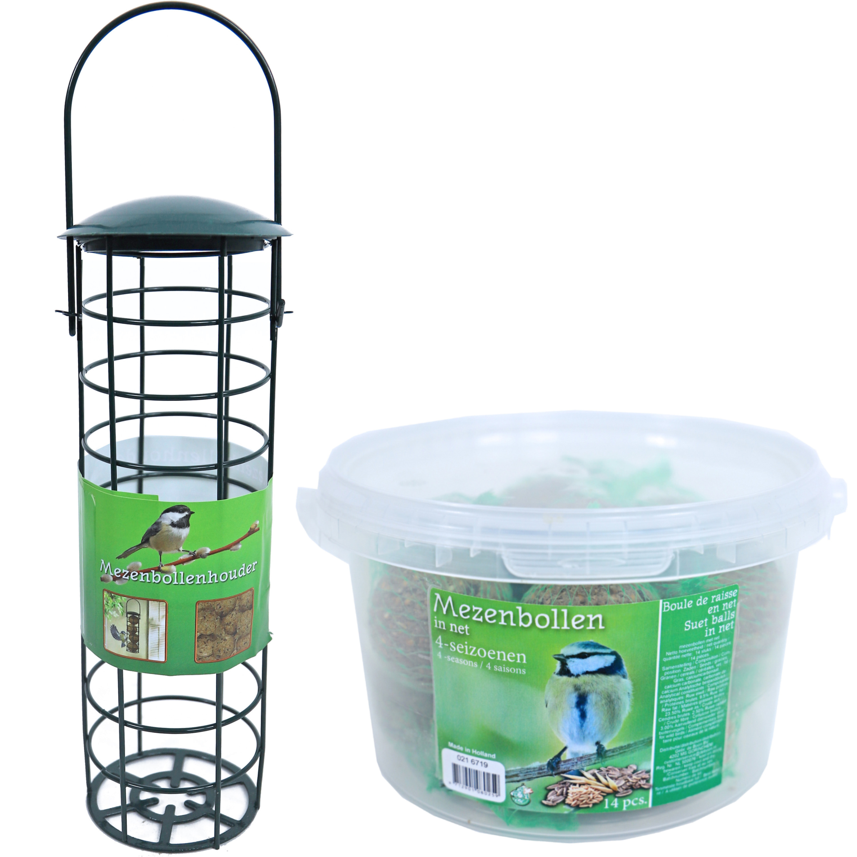 Vogel voedersilo metaal groen 23 cm inclusief 14 vetbollen -
