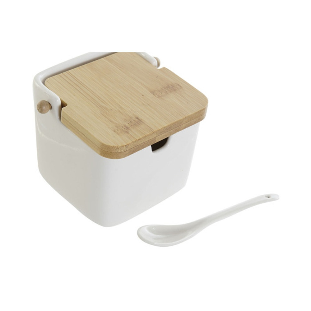 Suikerpotje met lepeltje - wit - porselein - bamboe houten deksel - 11 x 12 cm -