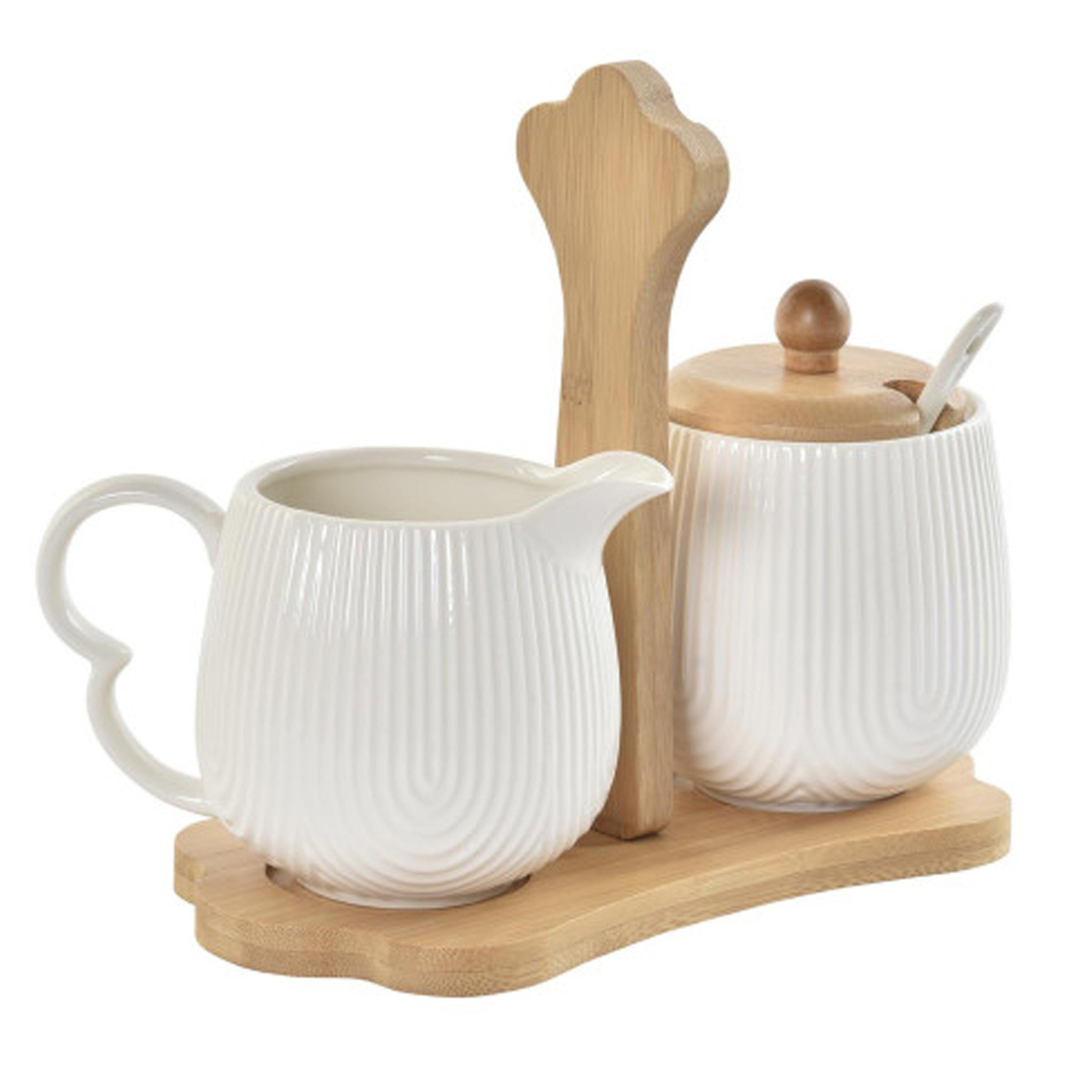 Items luxe Melk en Suikerpot Porselein/bamboe hout - wit - 20 x 11 cm - dispenser met lepel -