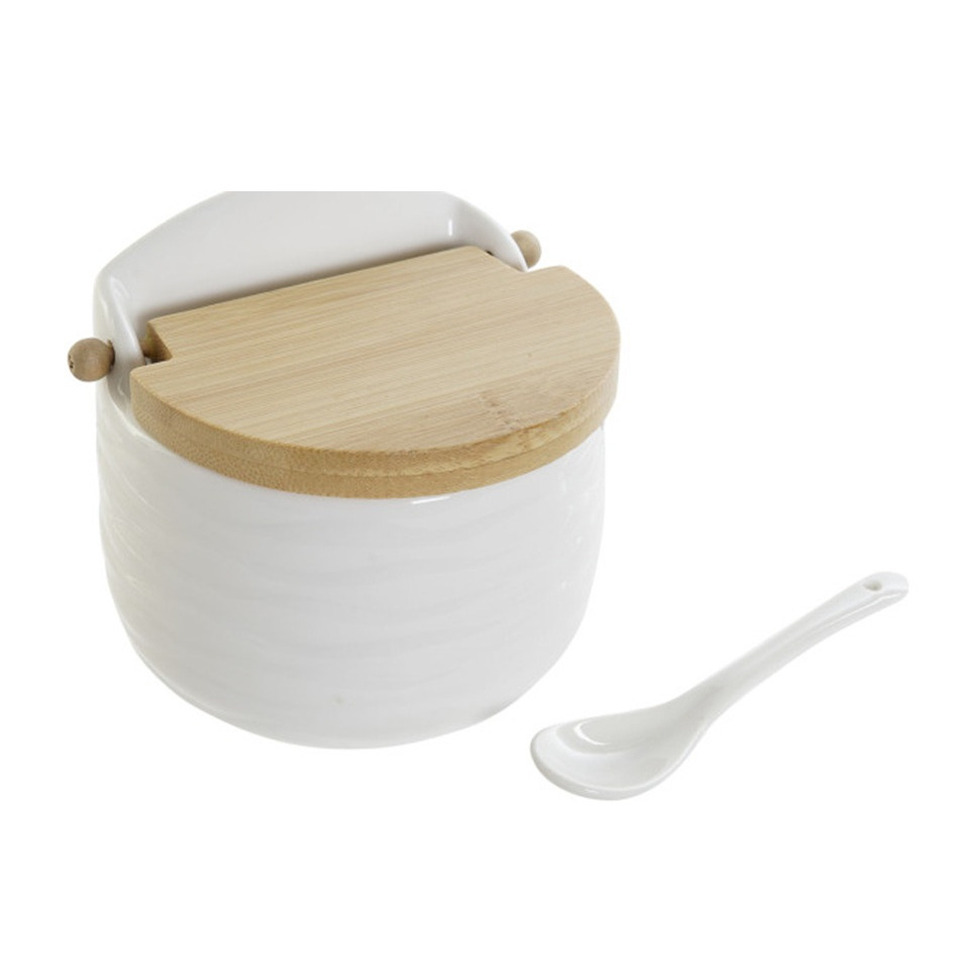Suikerpotje met lepeltje - wit - porselein - bamboe houten deksel - 9 x 11 cm -