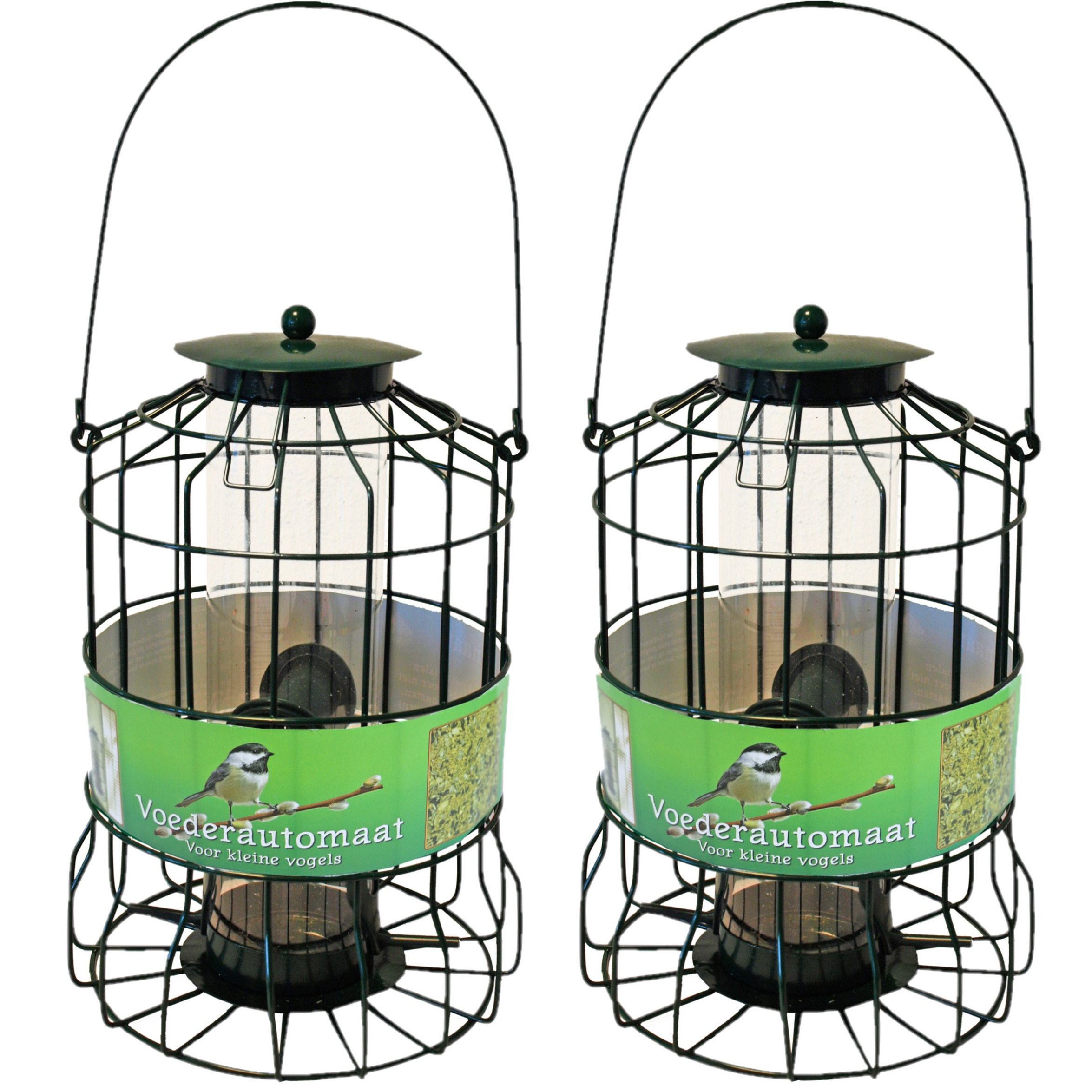 Vogel voedersilo - 2x stuks - groen - 36cm - metaal - voor kleine vogels geschikt -