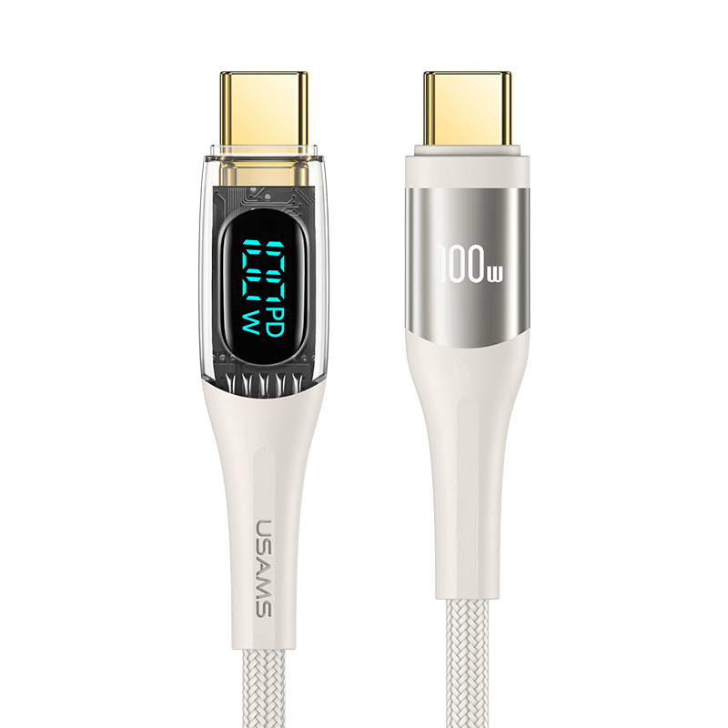USAMS 100W USB-C kabel 1.2m - Digitaal Display - Beige