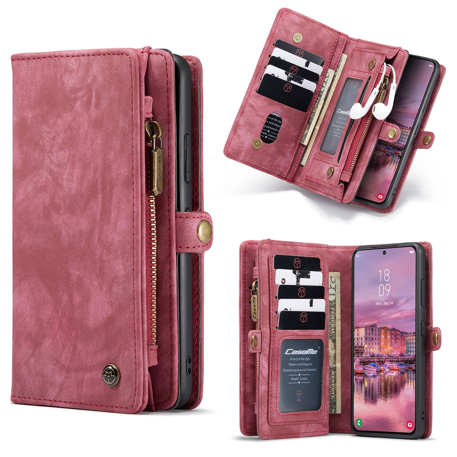 Caseme Vintage Samsung Galaxy S22 Portemonnee hoesje - Rood
