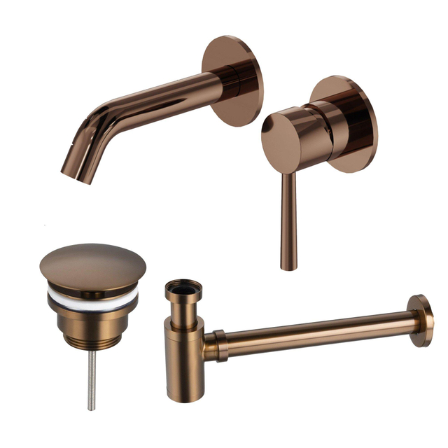 Fortifura Calvi Slim Wastafelkraanset - inbouw wastafelkraan - always open plug - verlaagde design sifon - Geborsteld koper PVD (Koper) SW799403 / SW970034 / SW799405