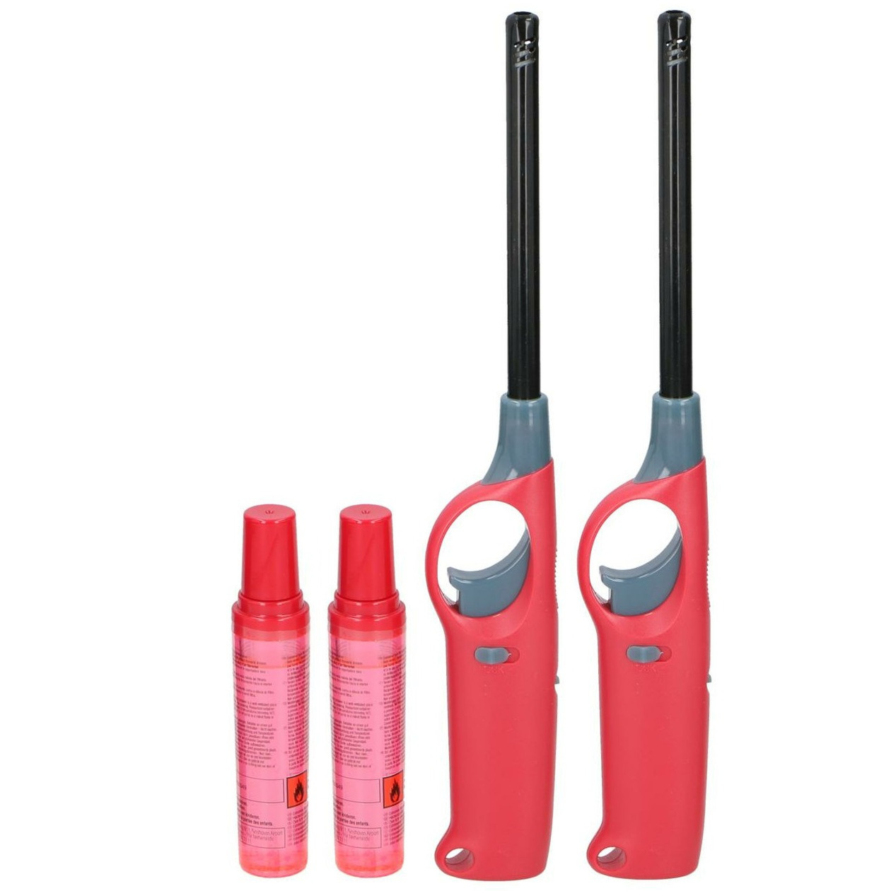 Flame Classics BBQ/keuken aansteker lange steel - 2x - met navul cilinder - rood - 25 cm -