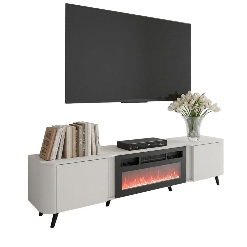 Tv-meubel Curve 200 cm breed taupe met sfeerhaard