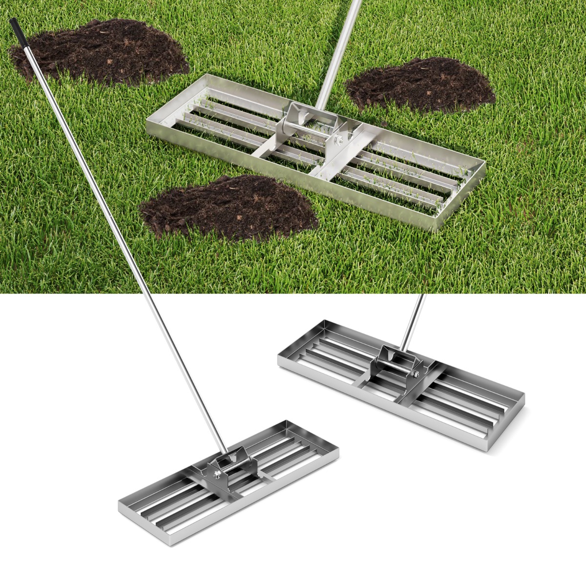 Metalen Gazon Egaliseerhark met Ergonomisch Handvat voor de Grond 75 x 25 cm Zilver