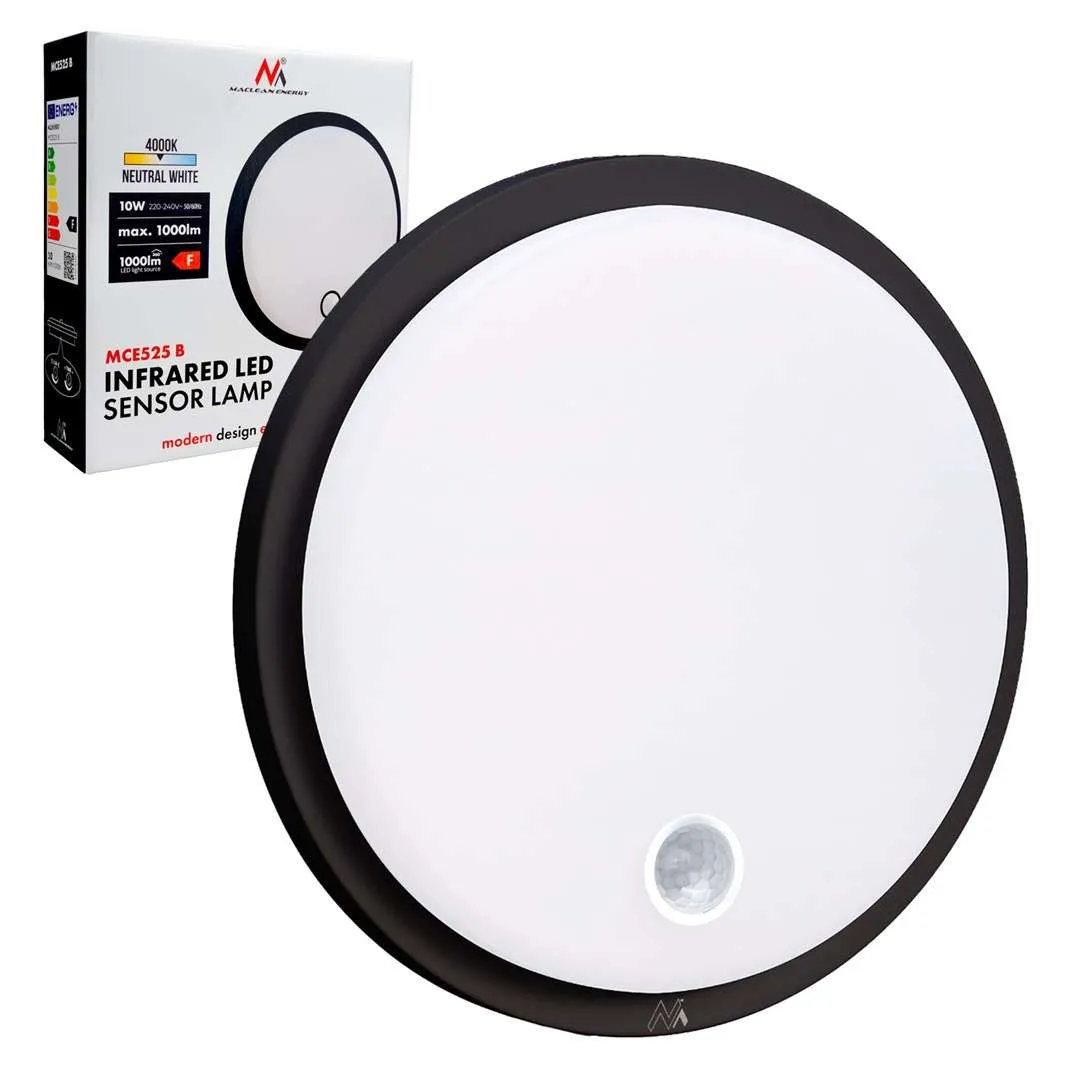 LED-lamp met bewegingssensor Maclean, PIR-sensor, kleur zwart, 10 W, IP65, 1000 lm, neutrale kleur, MCE525 B