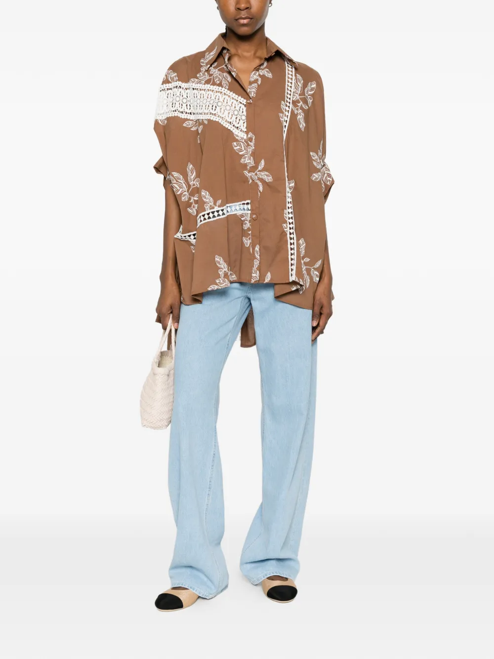 Bye floral-print lace-detail shirt - Bruin