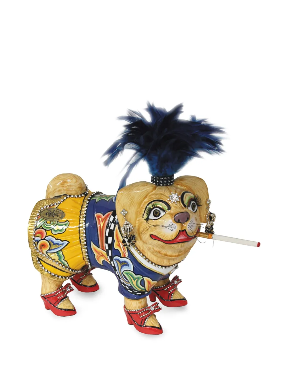 Toms Drag Hondenbeeld met veren - Geel