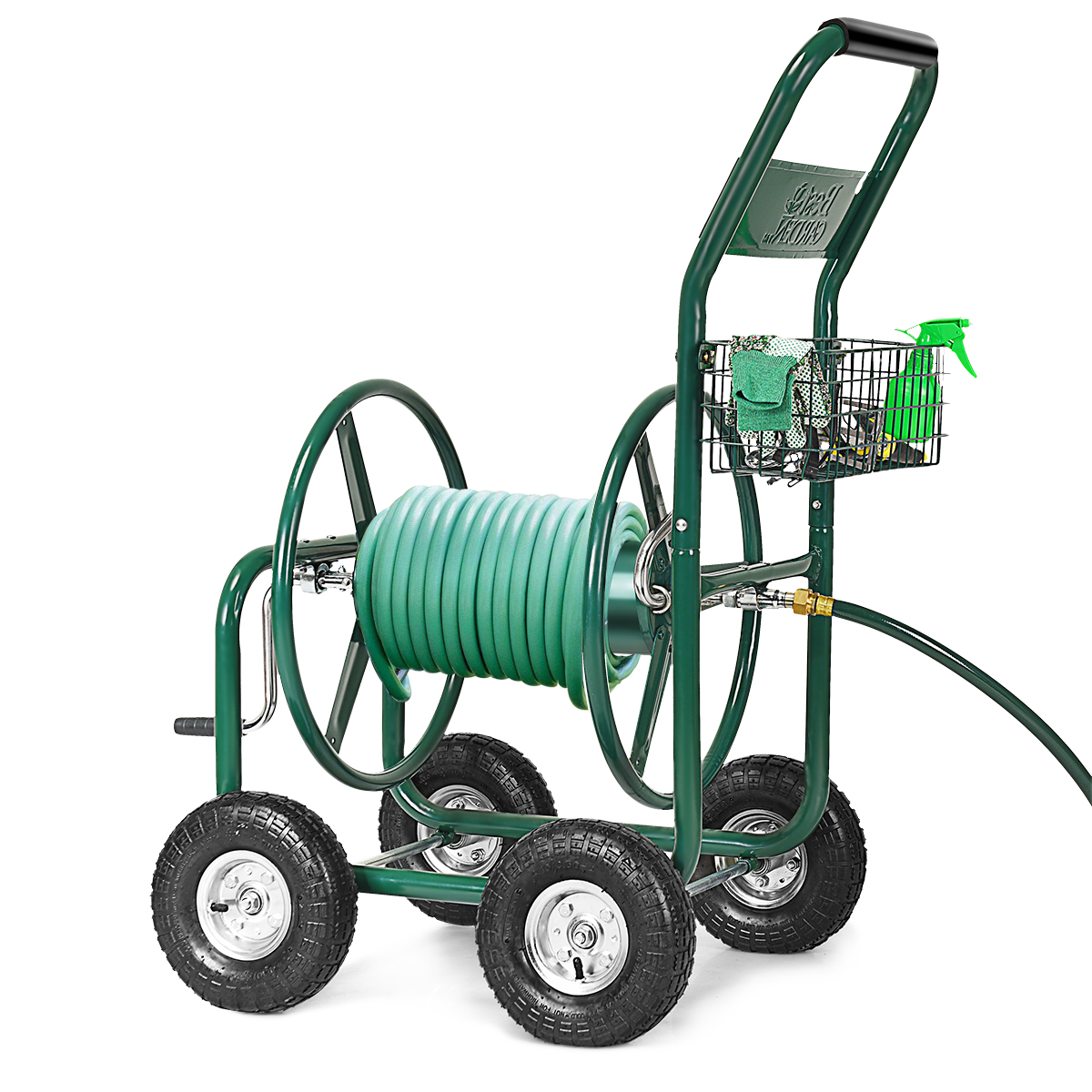 80M Slangwagen Tuinslangwagen voor 5/8” Slang Slanghaspel met Mand Slanghouder Metaal Slanghaspel met 189cm Aansluitslang