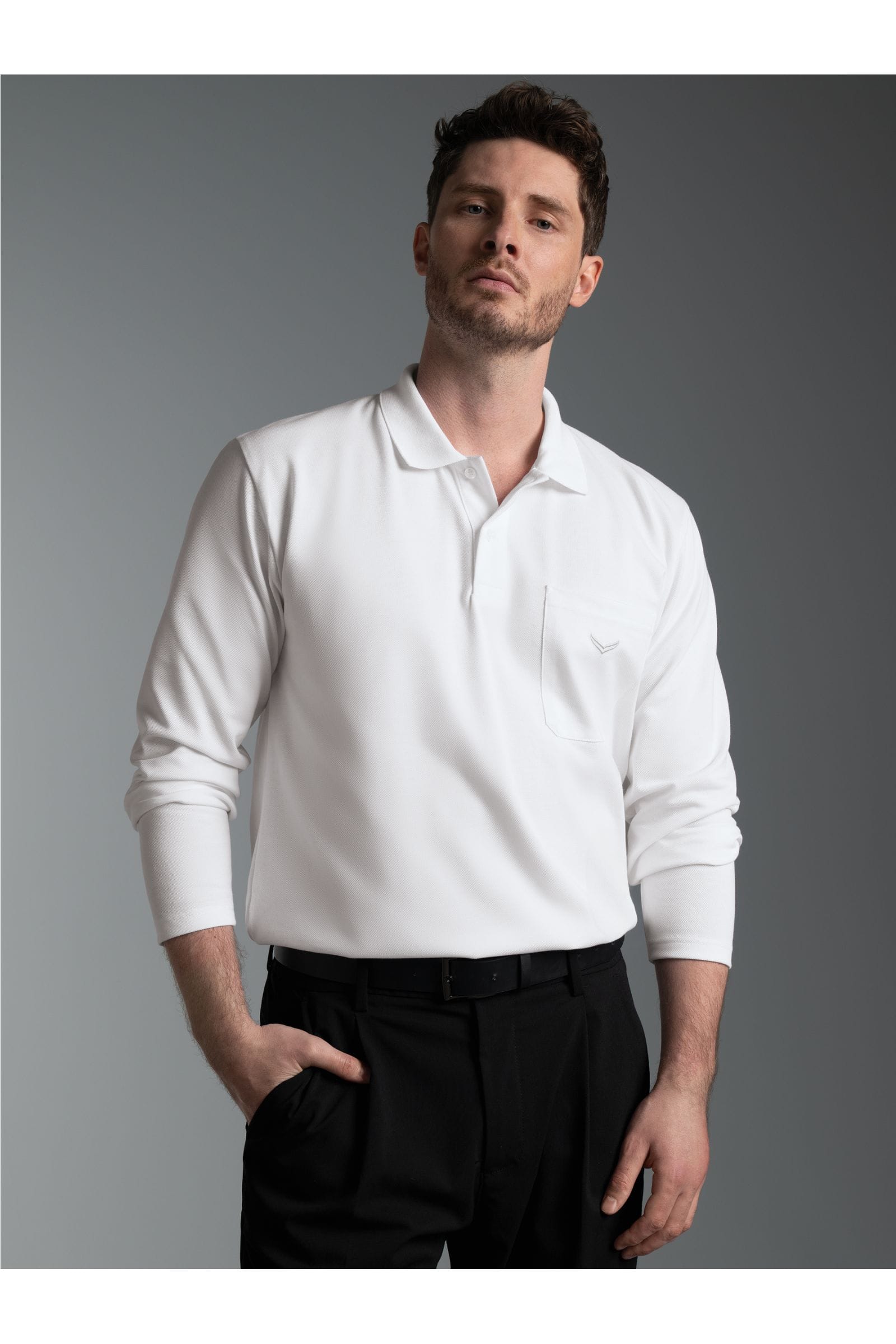 TRIGEMA Poloshirt lange mouw wit, Effen